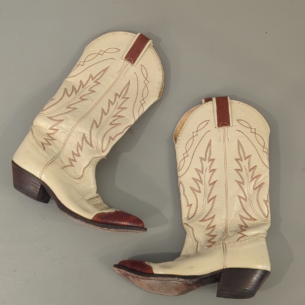 Nocona Cream and Brown Heeled Boots